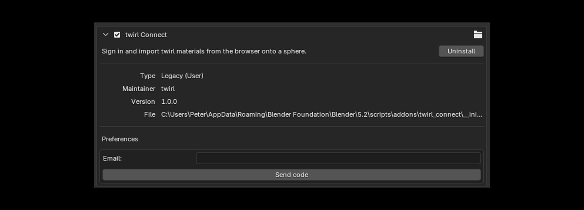 twirl Connect enabled in Blender add-ons list