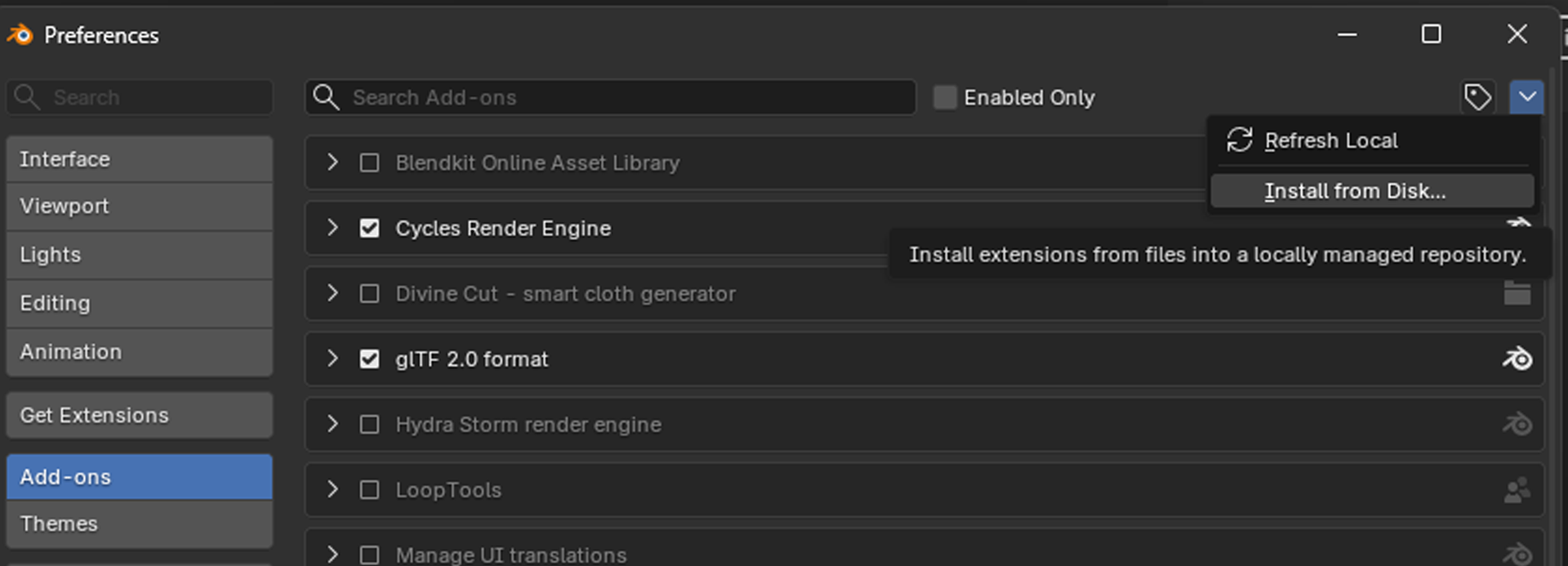 Blender Preferences Add-ons tab with Install highlighted