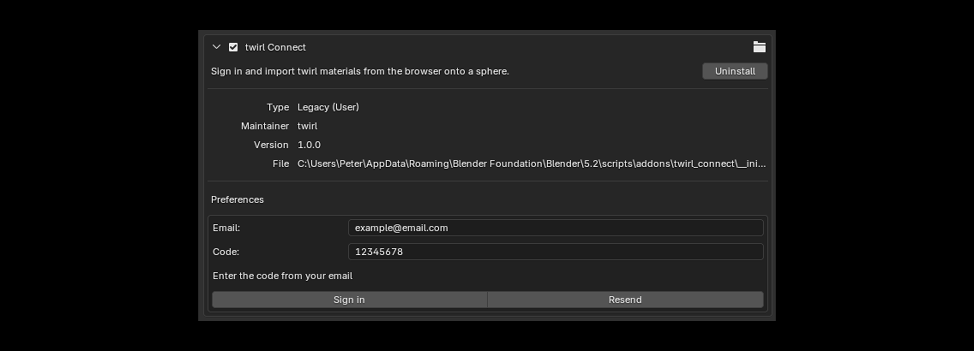 twirl Connect sign-in fields in Blender Preferences